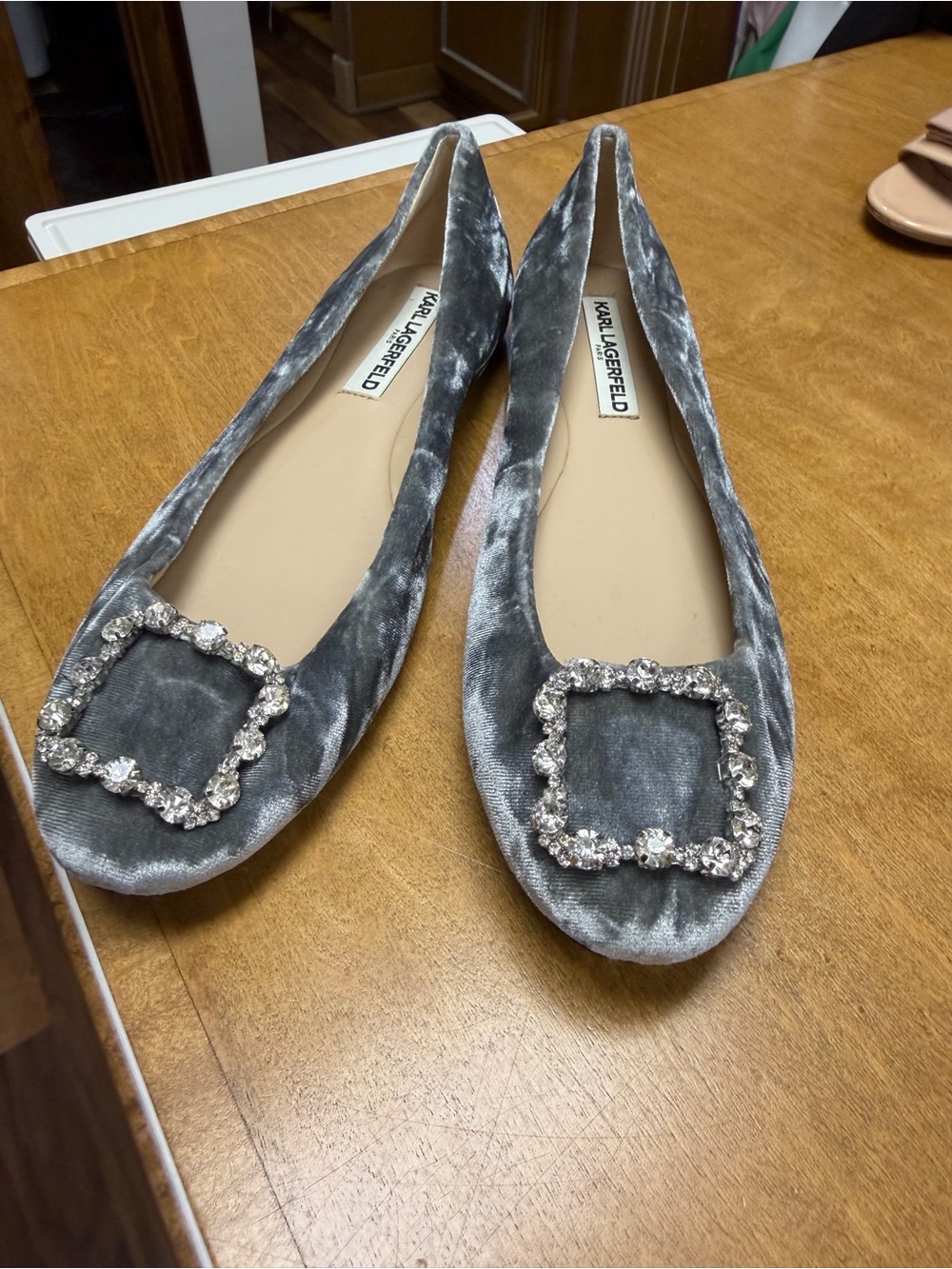 Karl Lagerfeld Silver Gray Velvet Crystal-Embellished Ballet Flats